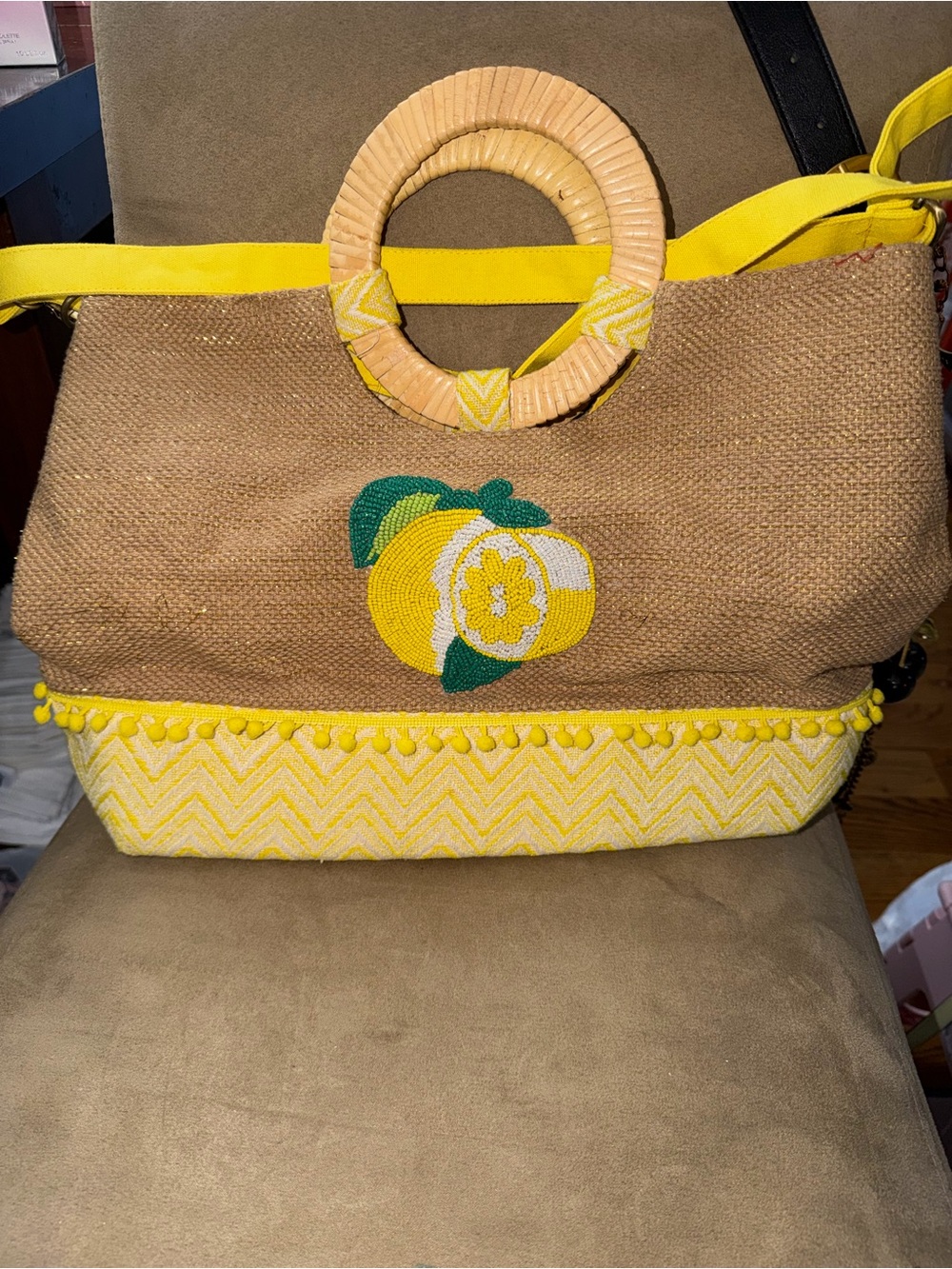 Bright Yellow Lemon Embroidered Straw Tote Bag